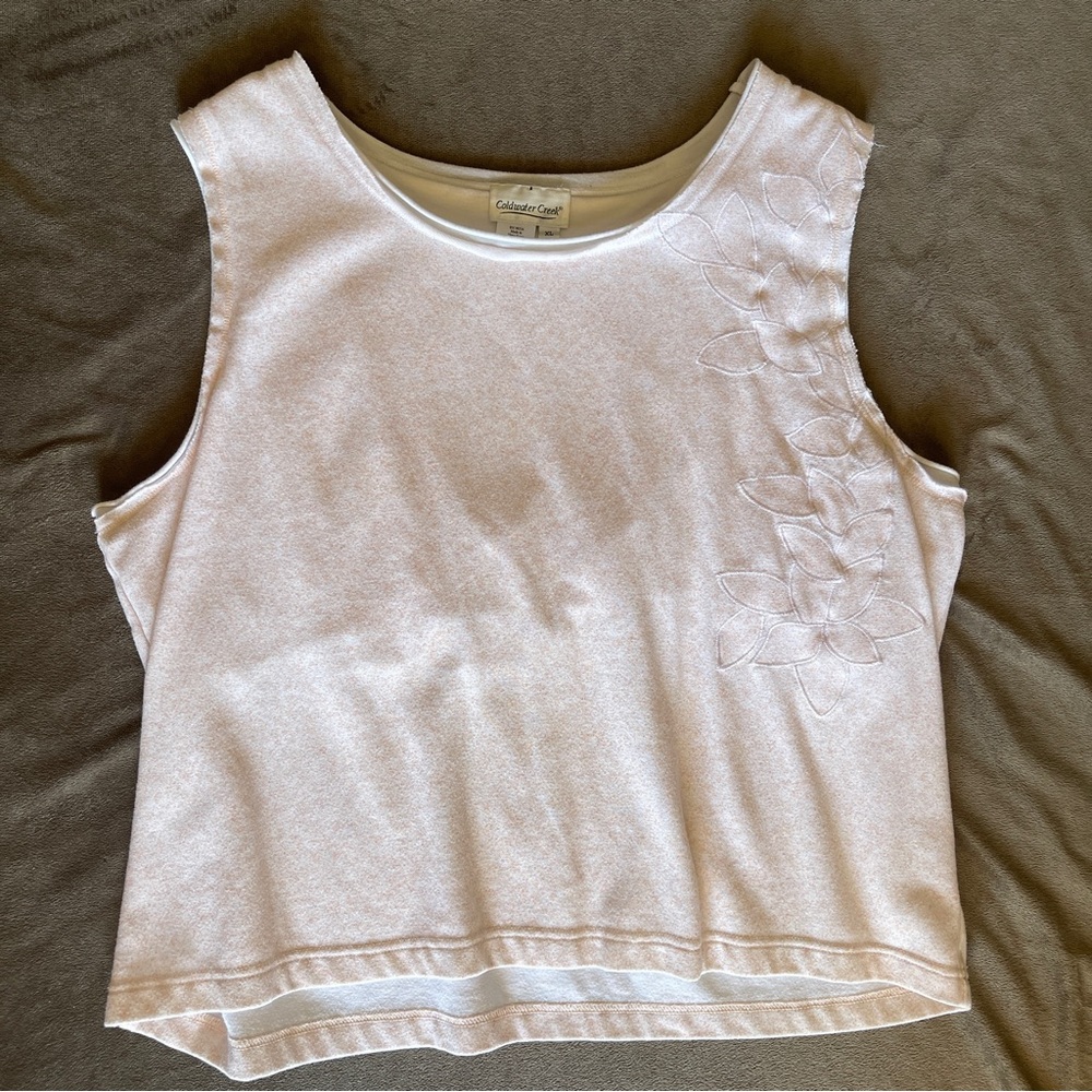Coldwater Creek Cream Embroidered Floral Tank Top